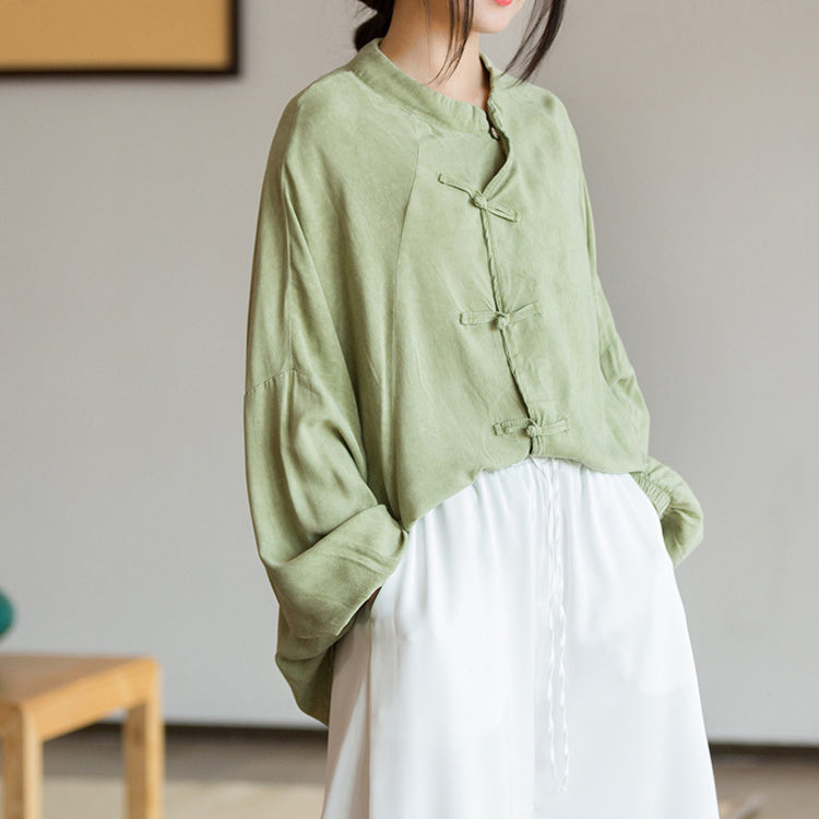 Vintage Frog Button Cotton Washed Shirt, Chinese Casual Loose Shirt