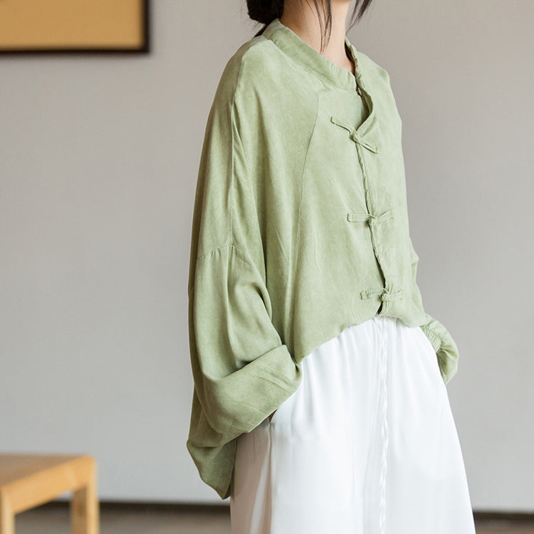 Vintage Frog Button Cotton Washed Shirt, Chinese Casual Loose Shirt