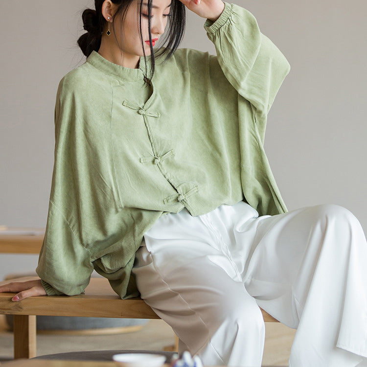 Vintage Frog Button Cotton Washed Shirt, Chinese Casual Loose Shirt