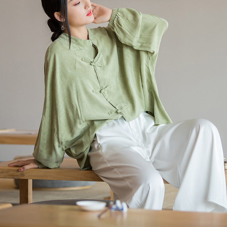 Vintage Frog Button Cotton Washed Shirt, Chinese Casual Loose Shirt