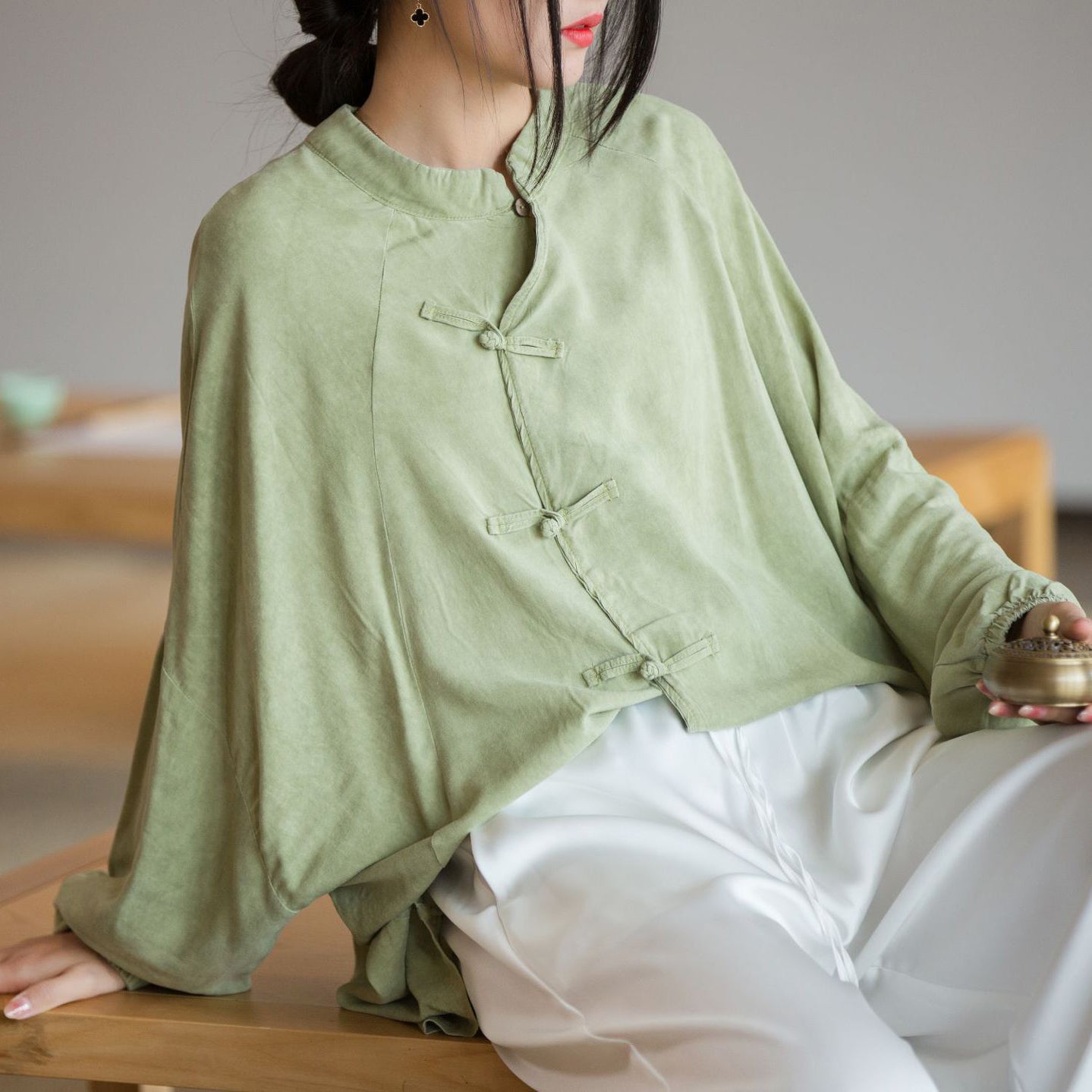 Vintage Frog Button Cotton Washed Shirt, Chinese Casual Loose Shirt