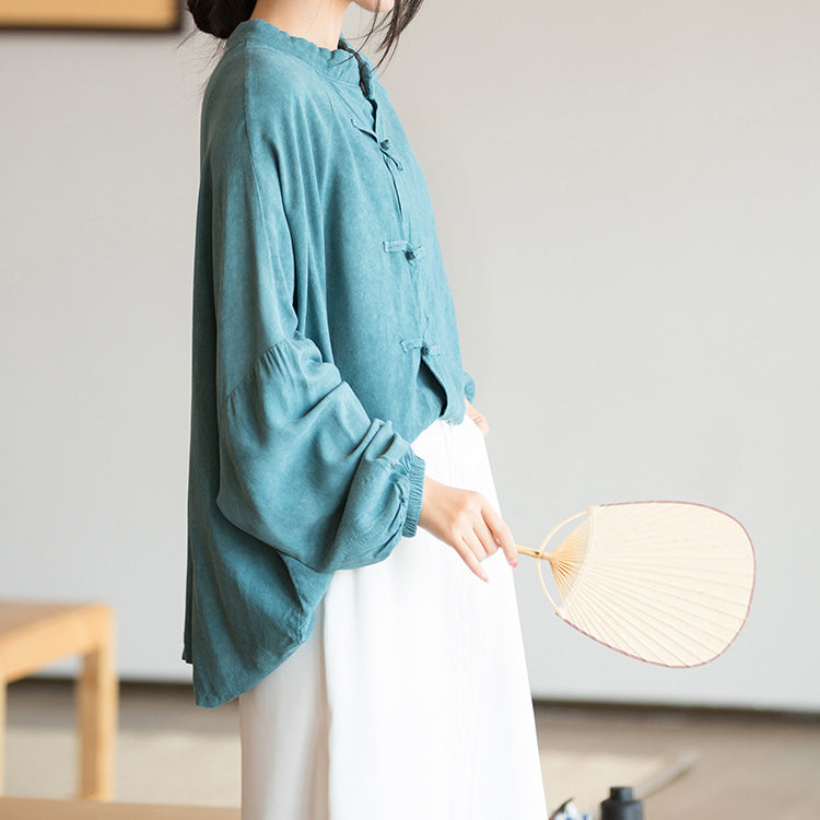 Vintage Frog Button Cotton Washed Shirt, Chinese Casual Loose Shirt