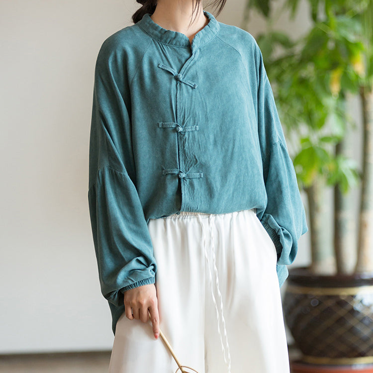 Vintage Frog Button Cotton Washed Shirt, Chinese Casual Loose Shirt