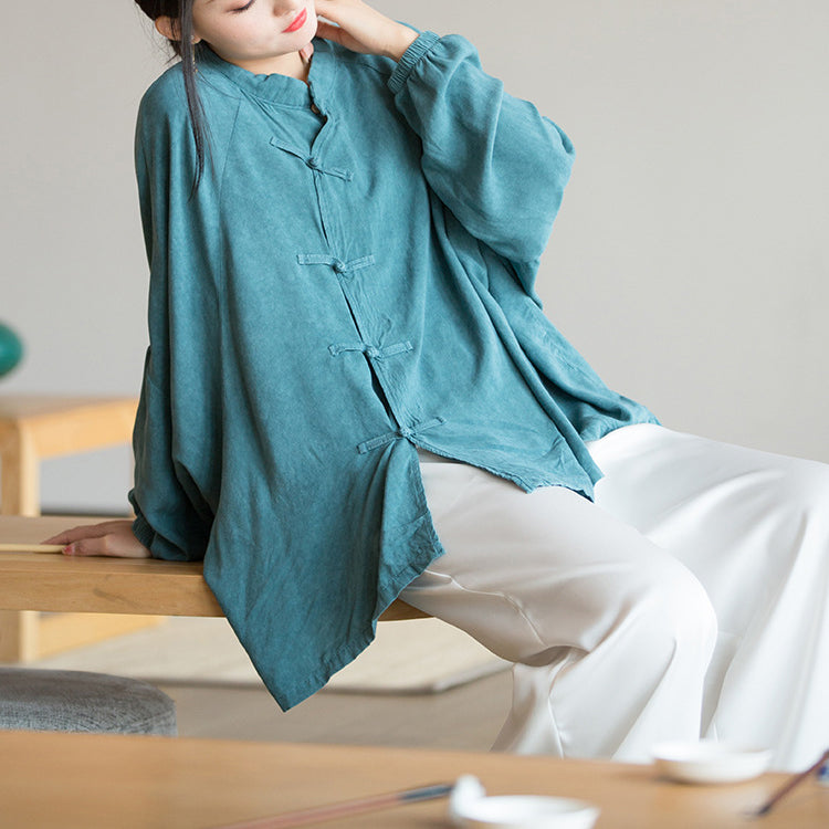 Vintage Frog Button Cotton Washed Shirt, Chinese Casual Loose Shirt
