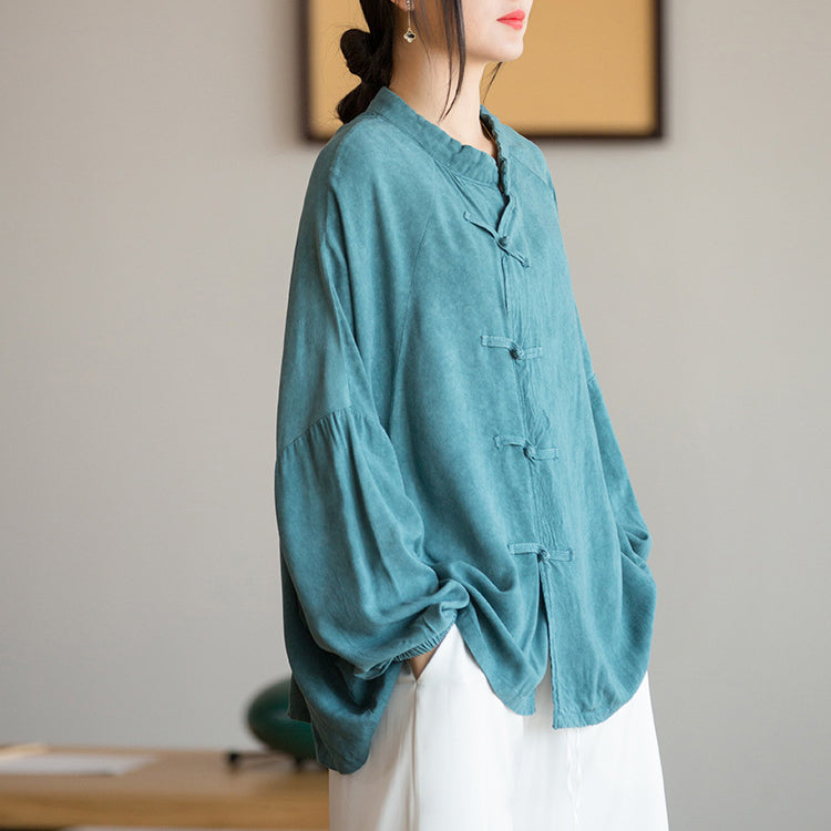Vintage Frog Button Cotton Washed Shirt, Chinese Casual Loose Shirt