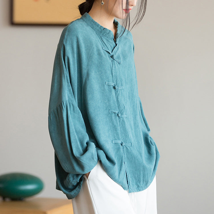 Vintage Frog Button Cotton Washed Shirt, Chinese Casual Loose Shirt