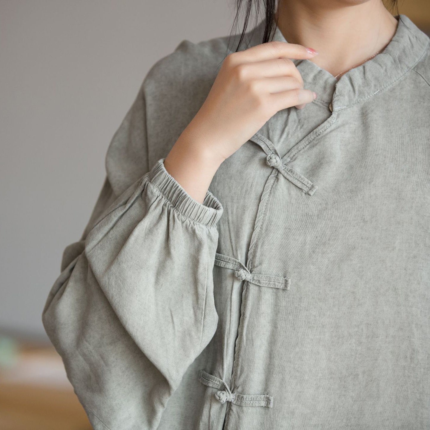 Vintage Frog Button Cotton Washed Shirt, Chinese Casual Loose Shirt
