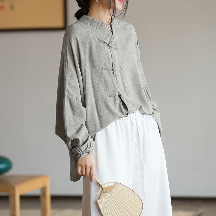 Vintage Frog Button Cotton Washed Shirt, Chinese Casual Loose Shirt