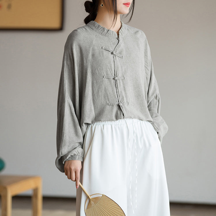 Vintage Frog Button Cotton Washed Shirt, Chinese Casual Loose Shirt
