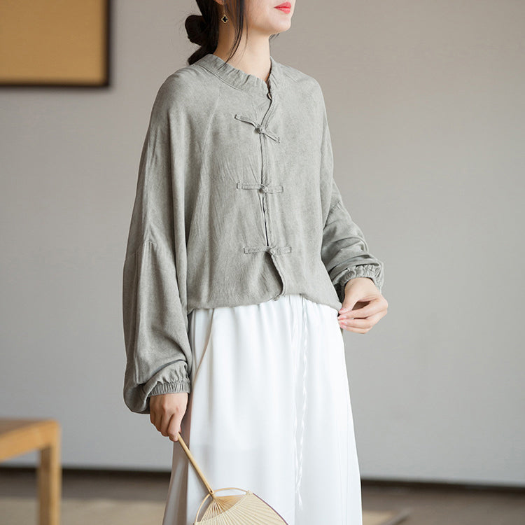 Vintage Frog Button Cotton Washed Shirt, Chinese Casual Loose Shirt