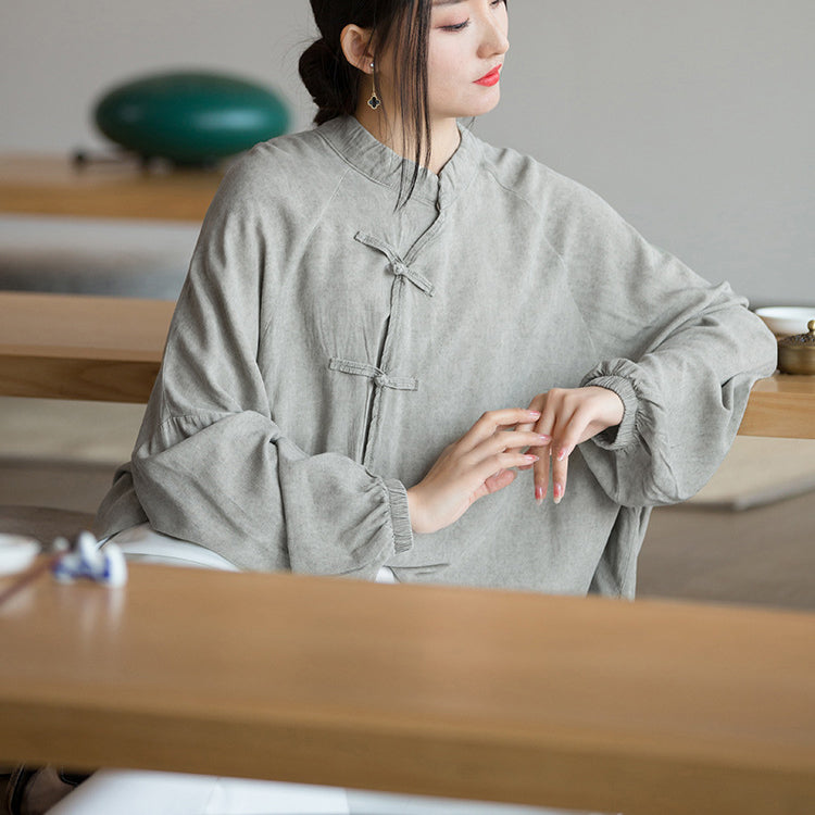 Vintage Frog Button Cotton Washed Shirt, Chinese Casual Loose Shirt
