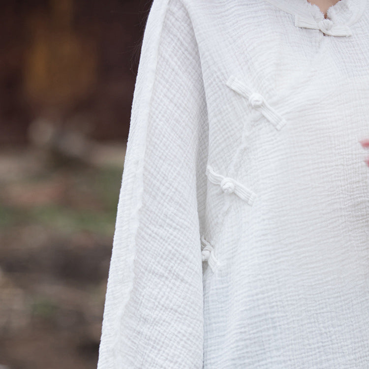 Loose Washed Shirt Plus size ,Vintage Cotton Loose Frog Button Shirt