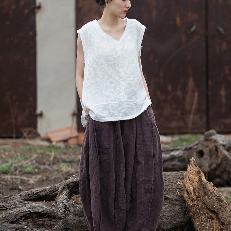Summer Sleeveless Cotton Linen Shirt, Vintage V-Neck Casual Top