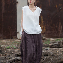 Summer Sleeveless Cotton Linen Shirt, Vintage V-Neck Casual Top