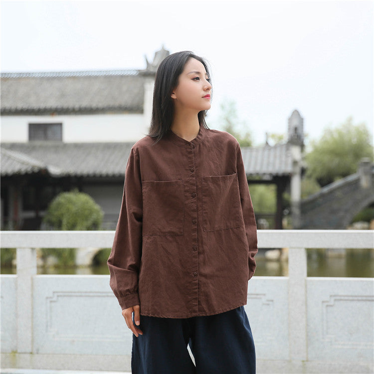 Loose cotton linen long-sleeved shirt, vintage summer casual shirt