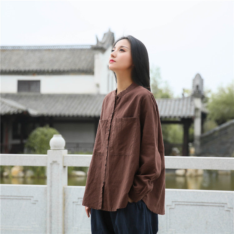 Loose cotton linen long-sleeved shirt, vintage summer casual shirt