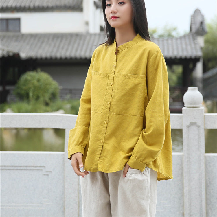 Loose cotton linen long-sleeved shirt, vintage summer casual shirt