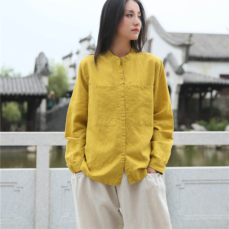 Loose cotton linen long-sleeved shirt, vintage summer casual shirt