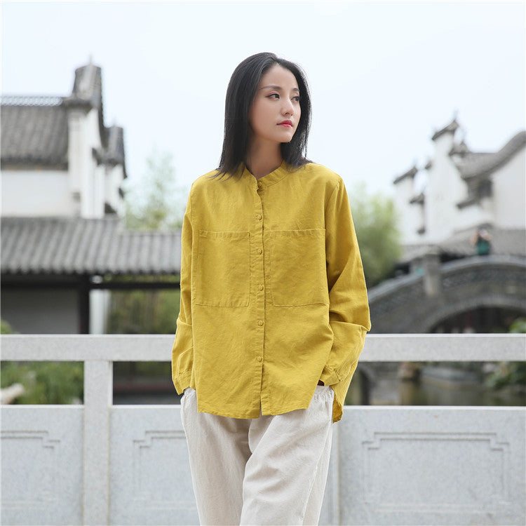 Loose cotton linen long-sleeved shirt, vintage summer casual shirt