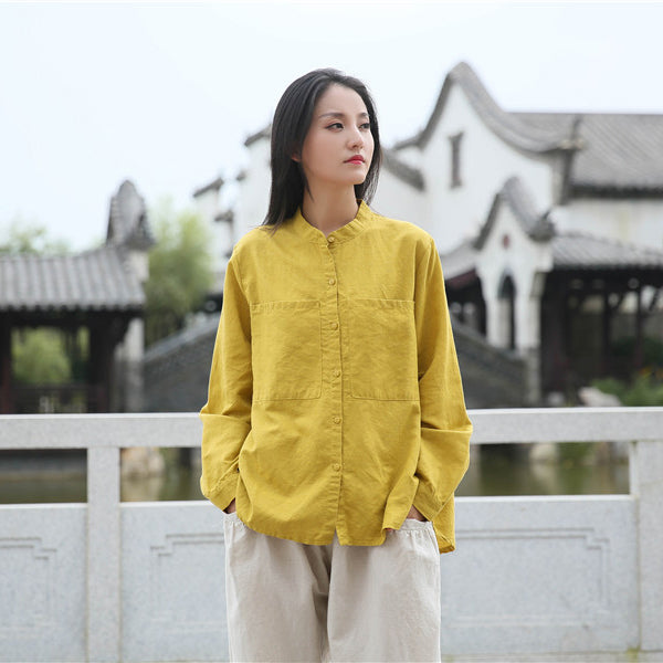 Loose cotton linen long-sleeved shirt, vintage summer casual shirt