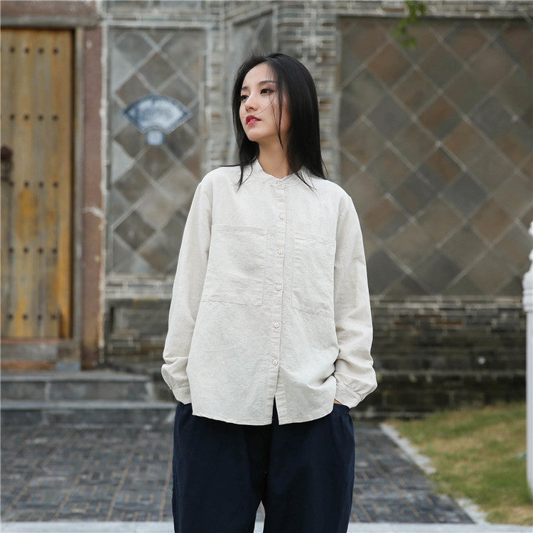 Loose cotton linen long-sleeved shirt, vintage summer casual shirt