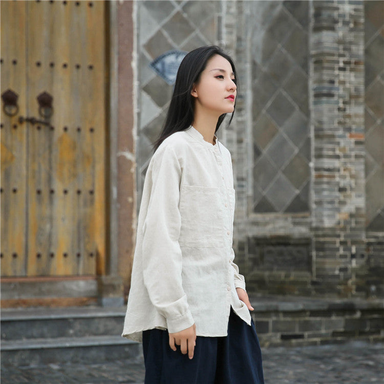 Loose cotton linen long-sleeved shirt, vintage summer casual shirt