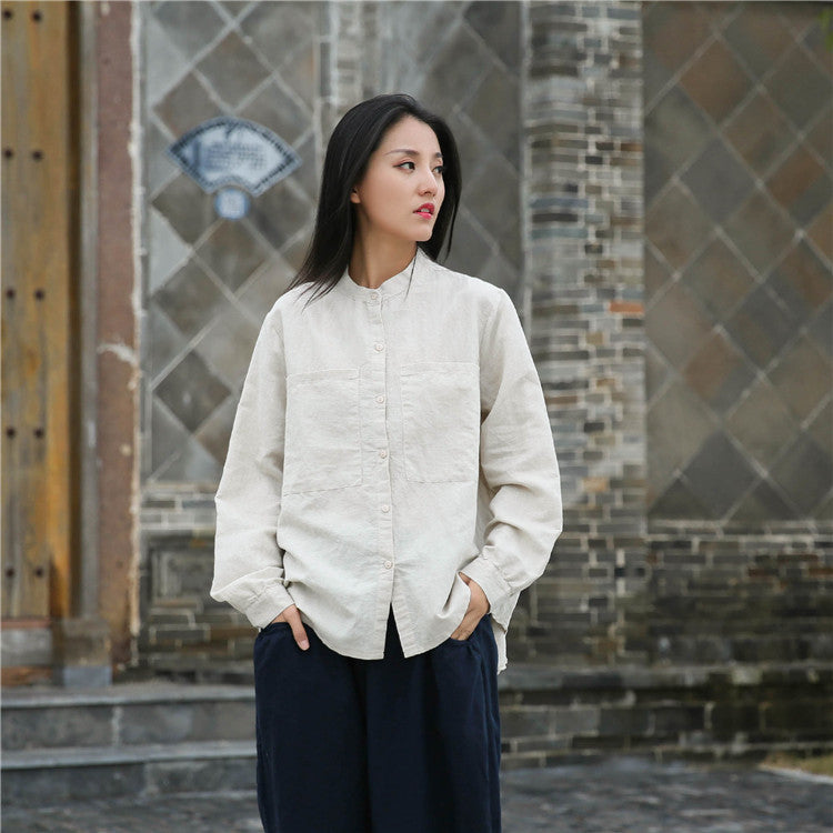 Loose cotton linen long-sleeved shirt, vintage summer casual shirt