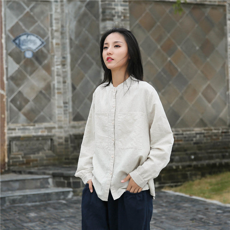 Loose cotton linen long-sleeved shirt, vintage summer casual shirt