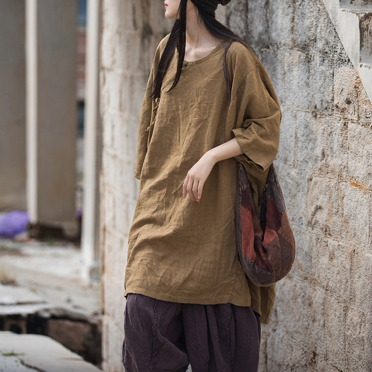 Loose cotton linen V-neck frog button shirt, vintage Chinese stone washed casual shirt Plus size