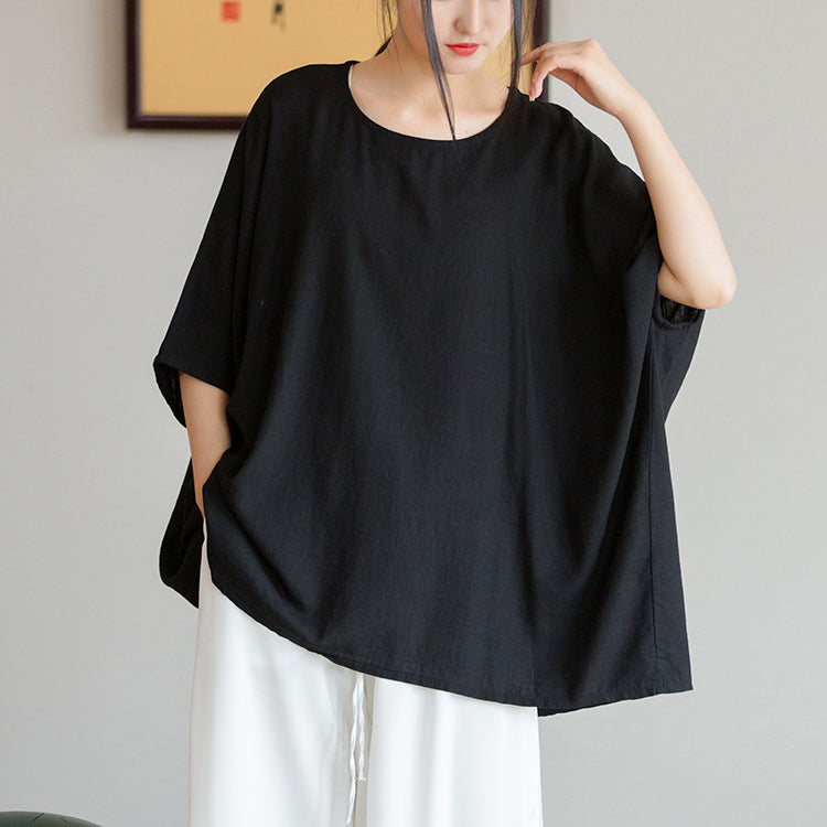 Loose Cotton Linen Boat Neck Shirt, Vintage Casual T-Shirt