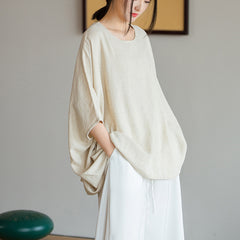 Loose Cotton Linen Boat Neck Shirt, Vintage Casual T-Shirt