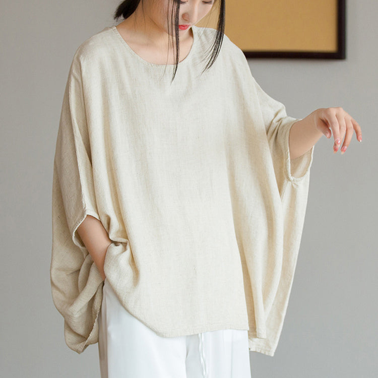 Loose Cotton Linen Boat Neck Shirt, Vintage Casual T-Shirt