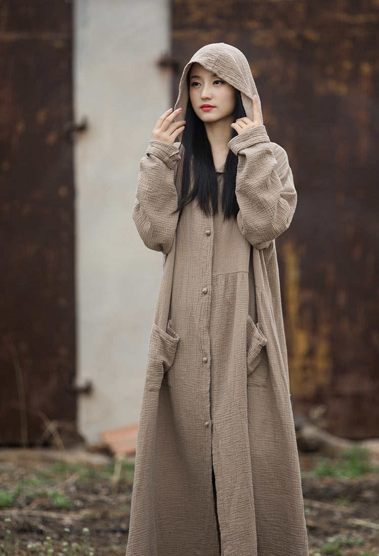Loose Hooded Cotton Dress, Vintage Chinese Casual Hooded Long Shirt