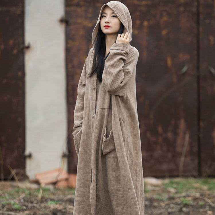 Loose Hooded Cotton Dress, Vintage Chinese Casual Hooded Long Shirt