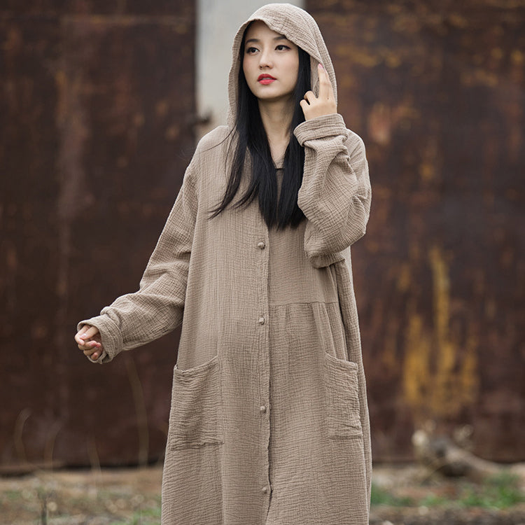 Loose Hooded Cotton Dress, Vintage Chinese Casual Hooded Long Shirt