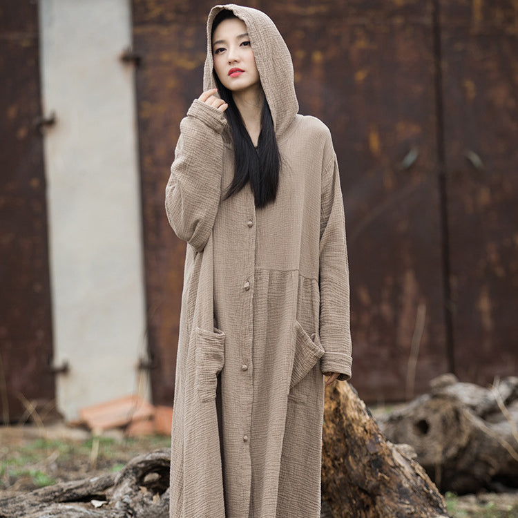 Loose Hooded Cotton Dress, Vintage Chinese Casual Hooded Long Shirt
