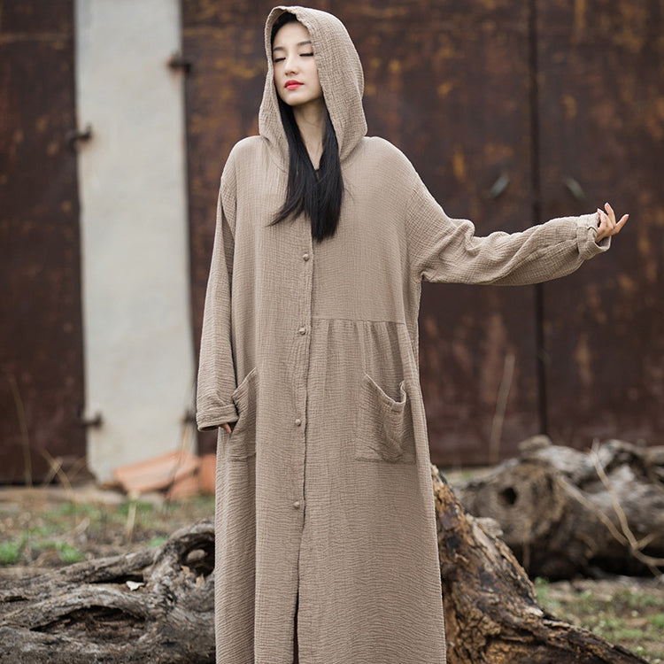Loose Hooded Cotton Dress, Vintage Chinese Casual Hooded Long Shirt