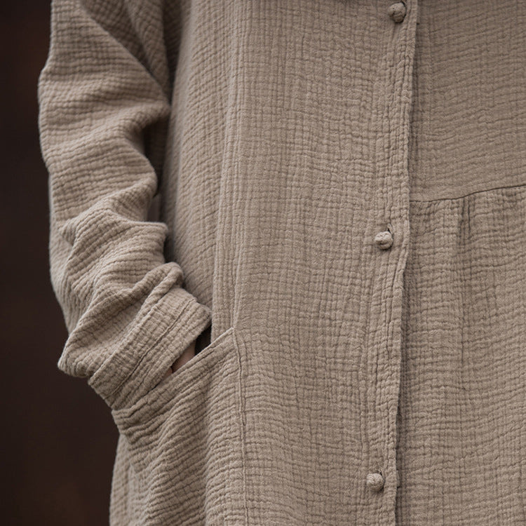 Loose Hooded Cotton Dress, Vintage Chinese Casual Hooded Long Shirt