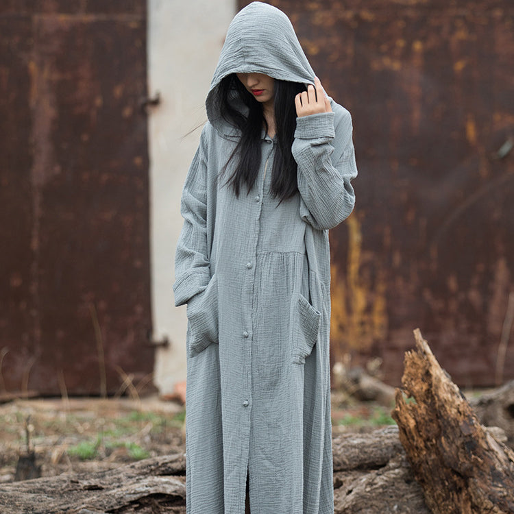 Loose Hooded Cotton Dress, Vintage Chinese Casual Hooded Long Shirt