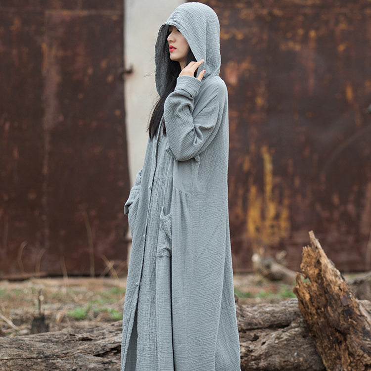 Loose Hooded Cotton Dress, Vintage Chinese Casual Hooded Long Shirt