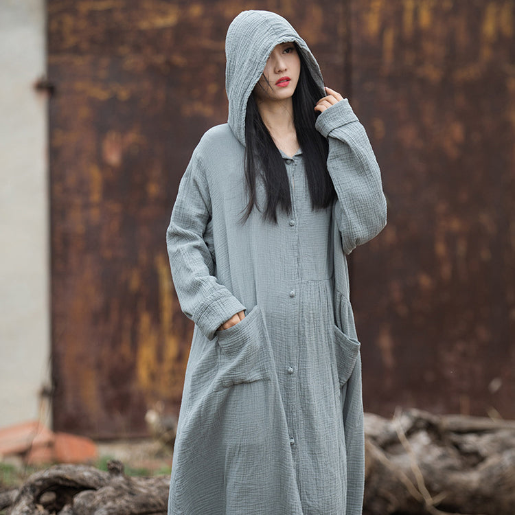 Loose Hooded Cotton Dress, Vintage Chinese Casual Hooded Long Shirt