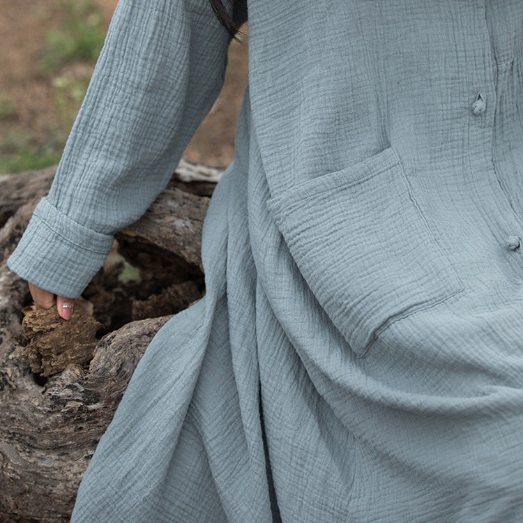 Loose Hooded Cotton Dress, Vintage Chinese Casual Hooded Long Shirt