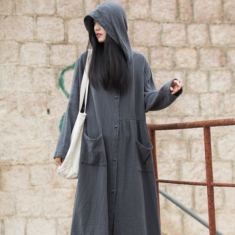 Loose Hooded Cotton Dress, Vintage Chinese Casual Hooded Long Shirt