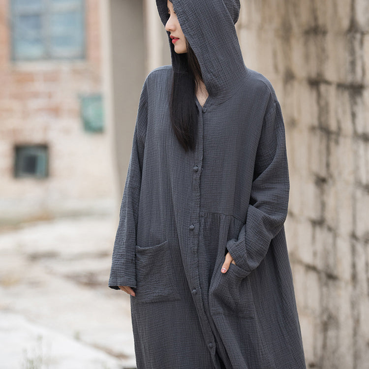 Loose Hooded Cotton Dress, Vintage Chinese Casual Hooded Long Shirt