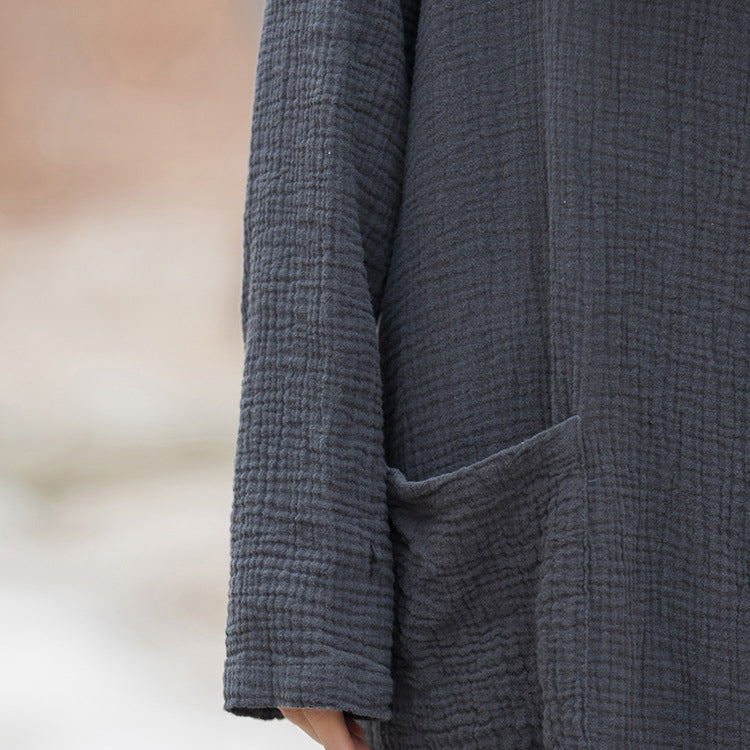 Loose Hooded Cotton Dress, Vintage Chinese Casual Hooded Long Shirt
