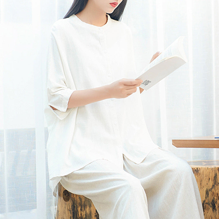 Stand-up collar cotton shirt, loose Chinese casual shirt