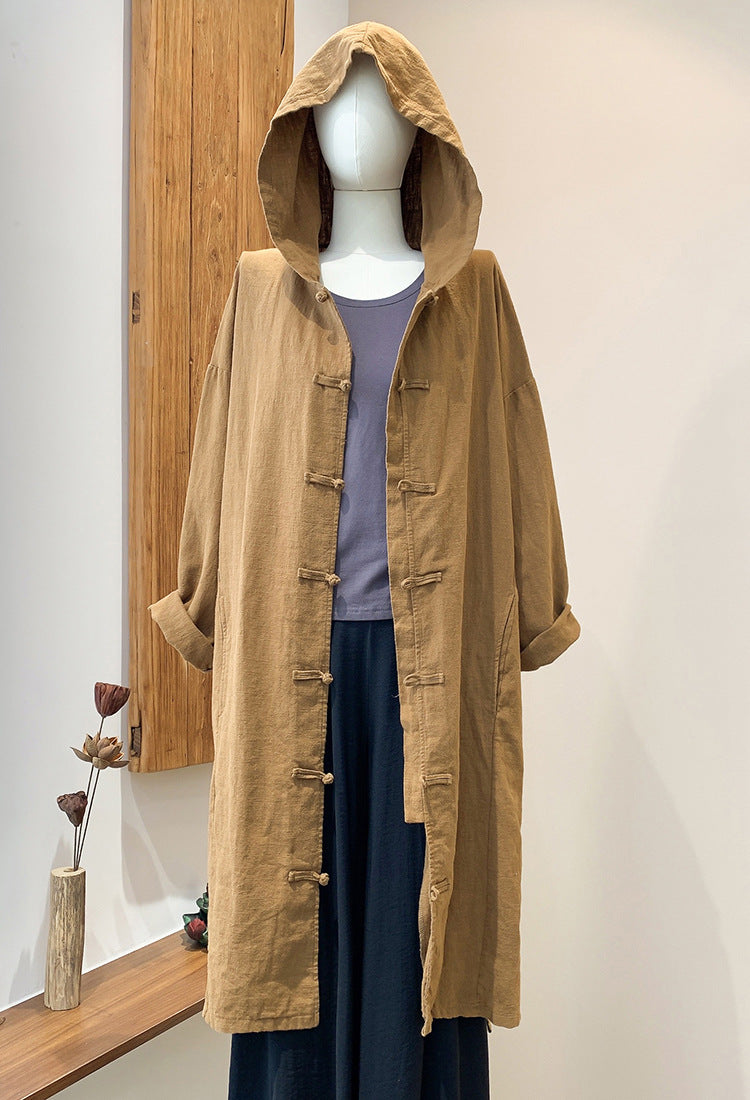 Loose cotton hooded jacket, vintage Chinese casual hooded shirt