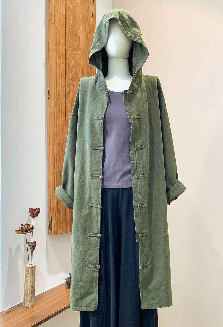 Loose cotton hooded jacket, vintage Chinese casual hooded shirt