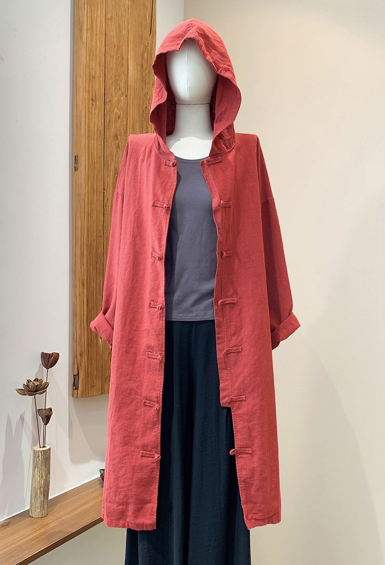 Loose cotton hooded jacket, vintage Chinese casual hooded shirt