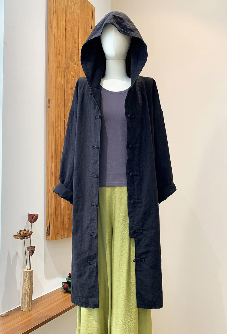 Loose cotton hooded jacket, vintage Chinese casual hooded shirt